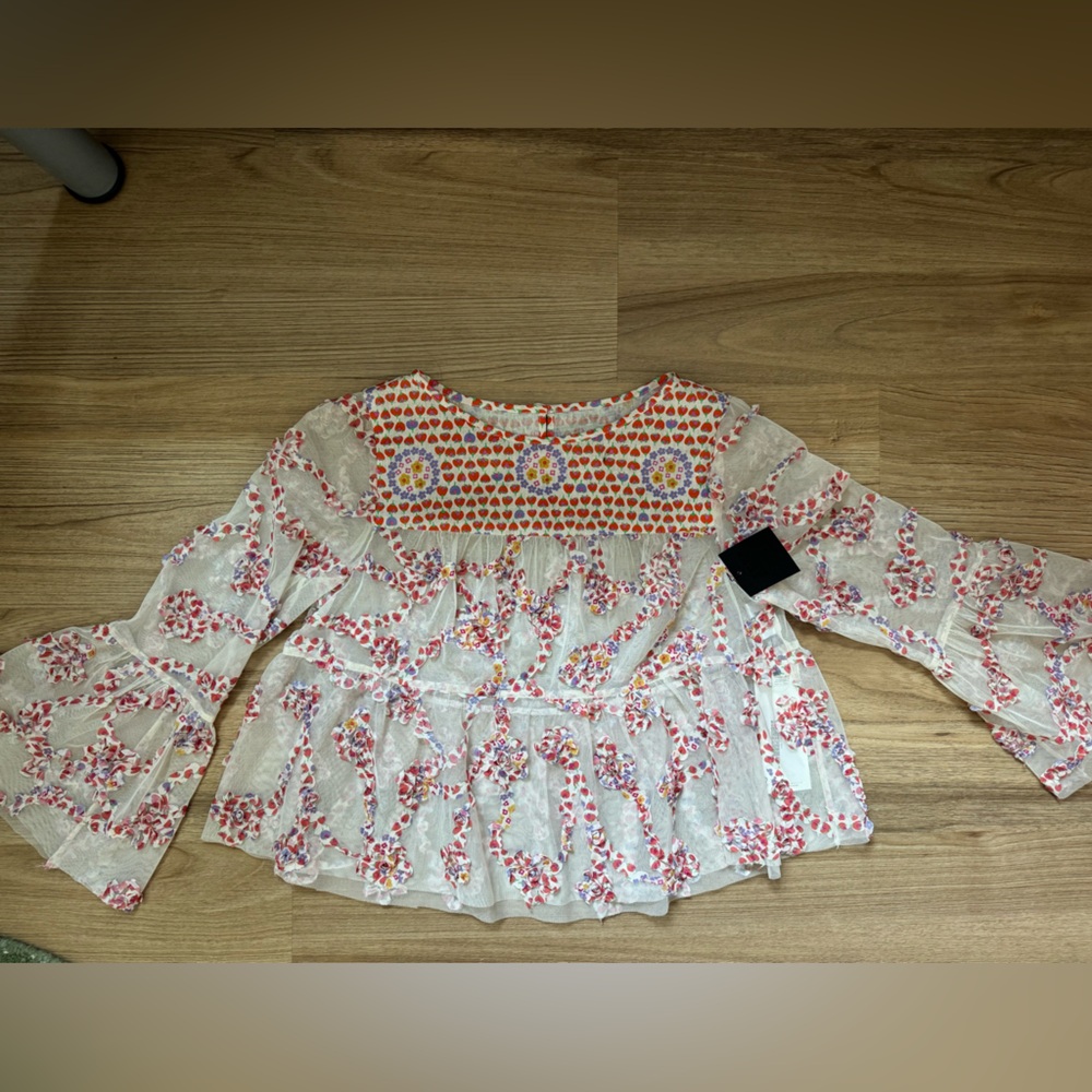 Anna Sui Tulle floral top with bell sleeves- XS